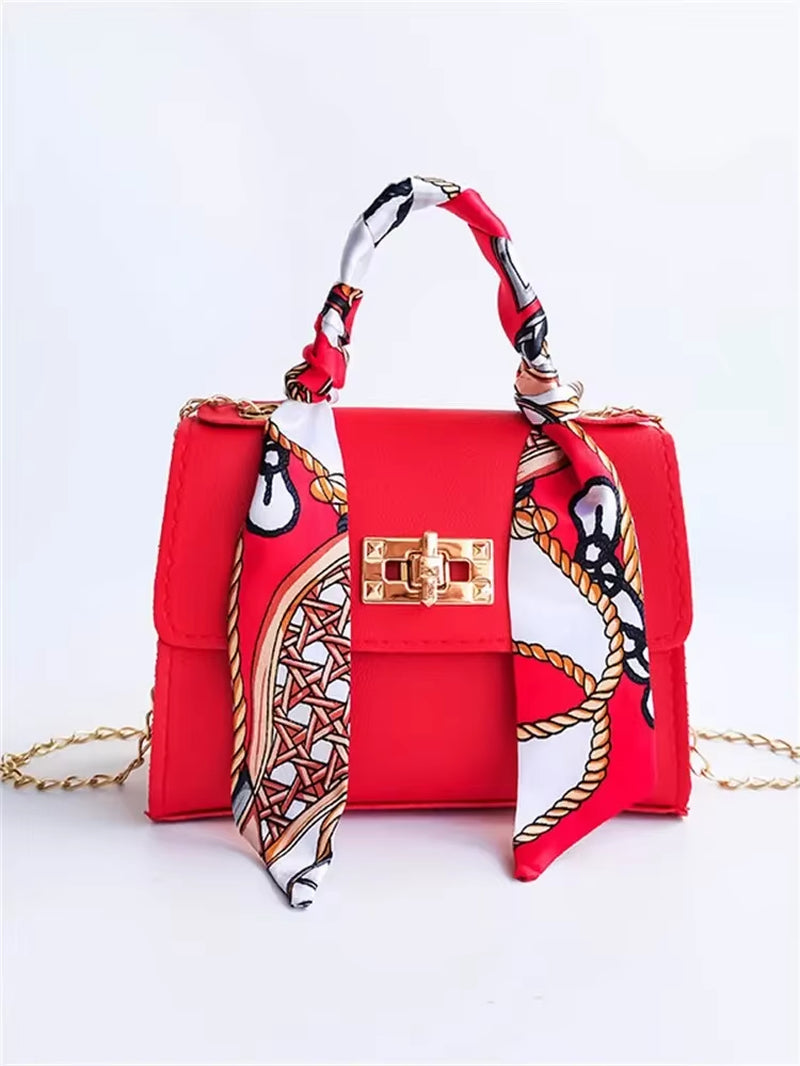 Women Girls Fashion Simplicity Solid Color Handbag Niche Design Silk Scarf Mini Chain Single Shoulder Crossbody Bag Bandolera