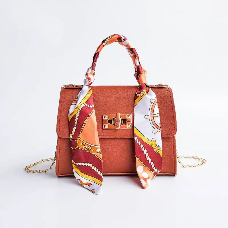 Women Girls Fashion Simplicity Solid Color Handbag Niche Design Silk Scarf Mini Chain Single Shoulder Crossbody Bag Bandolera