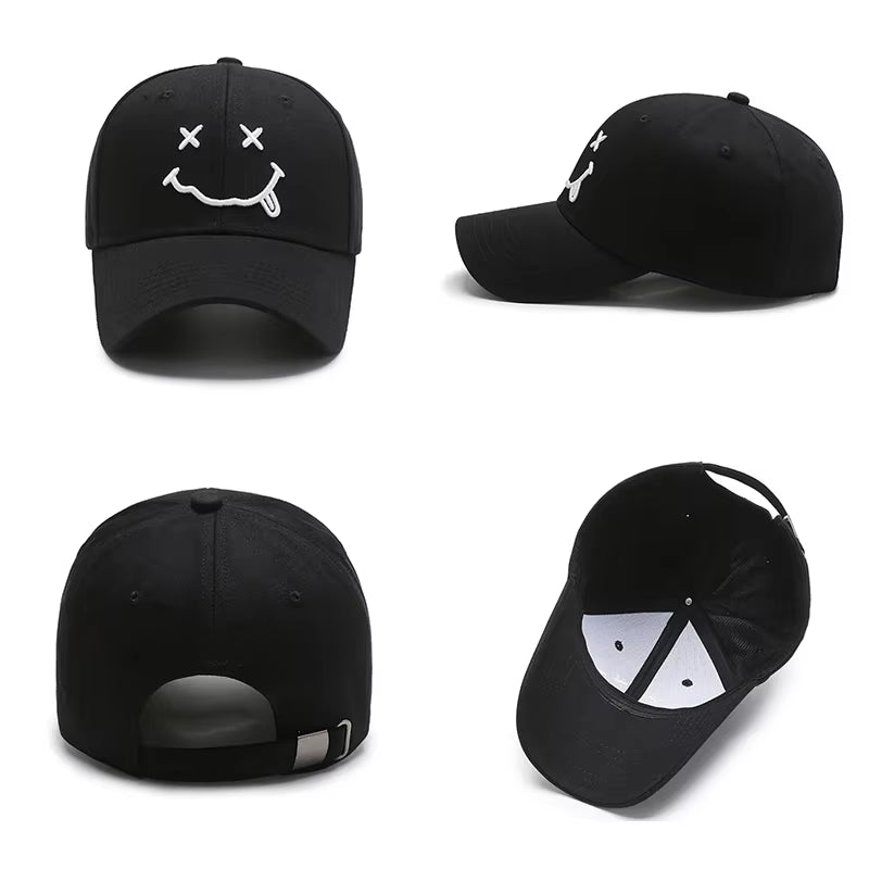 Women'S Smile Face Embroidery Baseball Caps Kpop Black Cotton Adjustable Snapback Funny Hip Hop Cap Autumn Sun Dad Hats for Mens