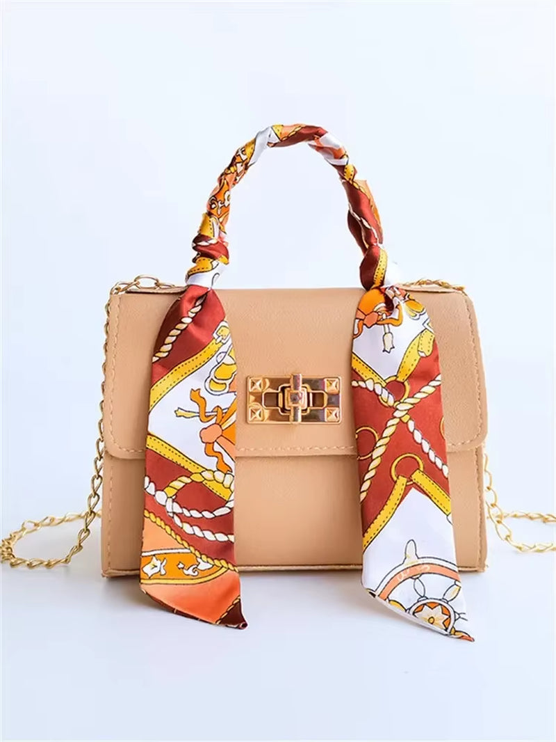 Women Girls Fashion Simplicity Solid Color Handbag Niche Design Silk Scarf Mini Chain Single Shoulder Crossbody Bag Bandolera