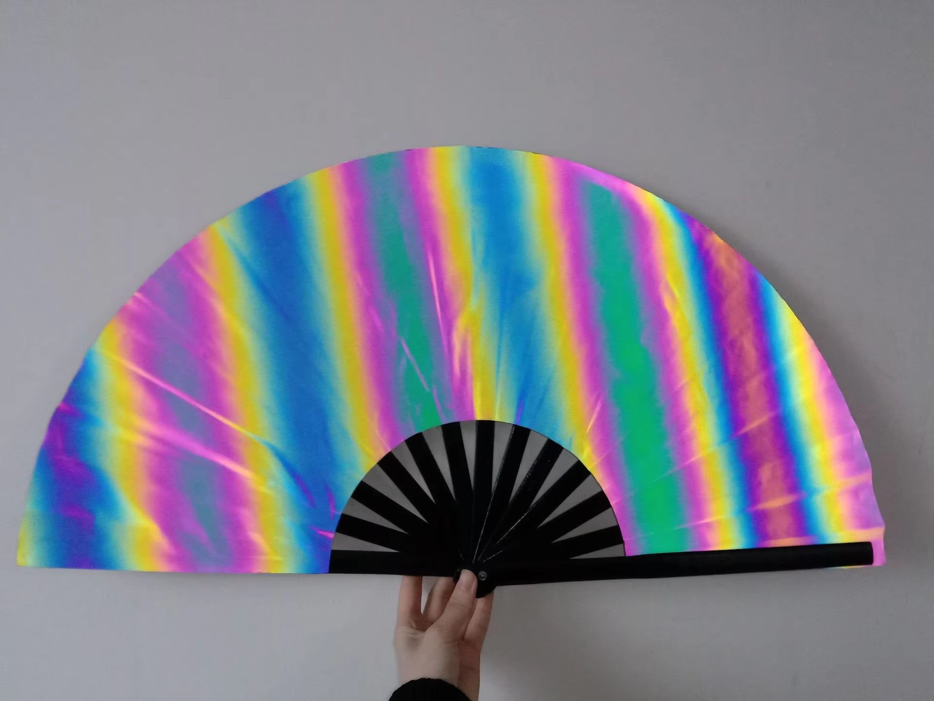 Large Rave Folding Hand Fan Reflective Festival Foldable Glow Rave Fan Clack Hand Fans Portable Bamboo Handheld Rave Fan Glitter